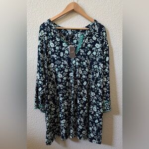 J.Jill Wearever Size 4X Navy Floral Tunic Top 3/4 Sleeve Viscose StretchMSRP $89